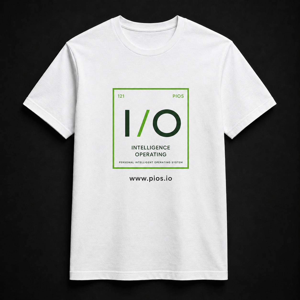 White PIOS T-shirt with the green I/O design and www.pios.io